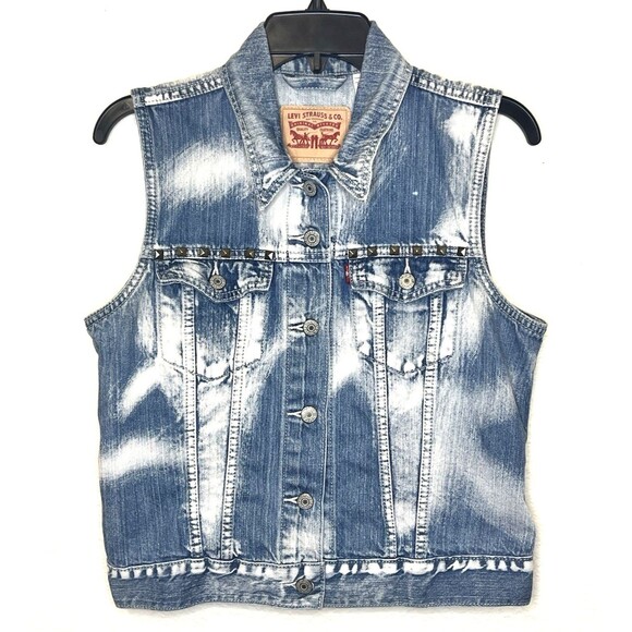 LEVI'S Trucker Vest Denim Jean Faded Bleached White Y2K Acid Stud Large - Picture 1 of 7